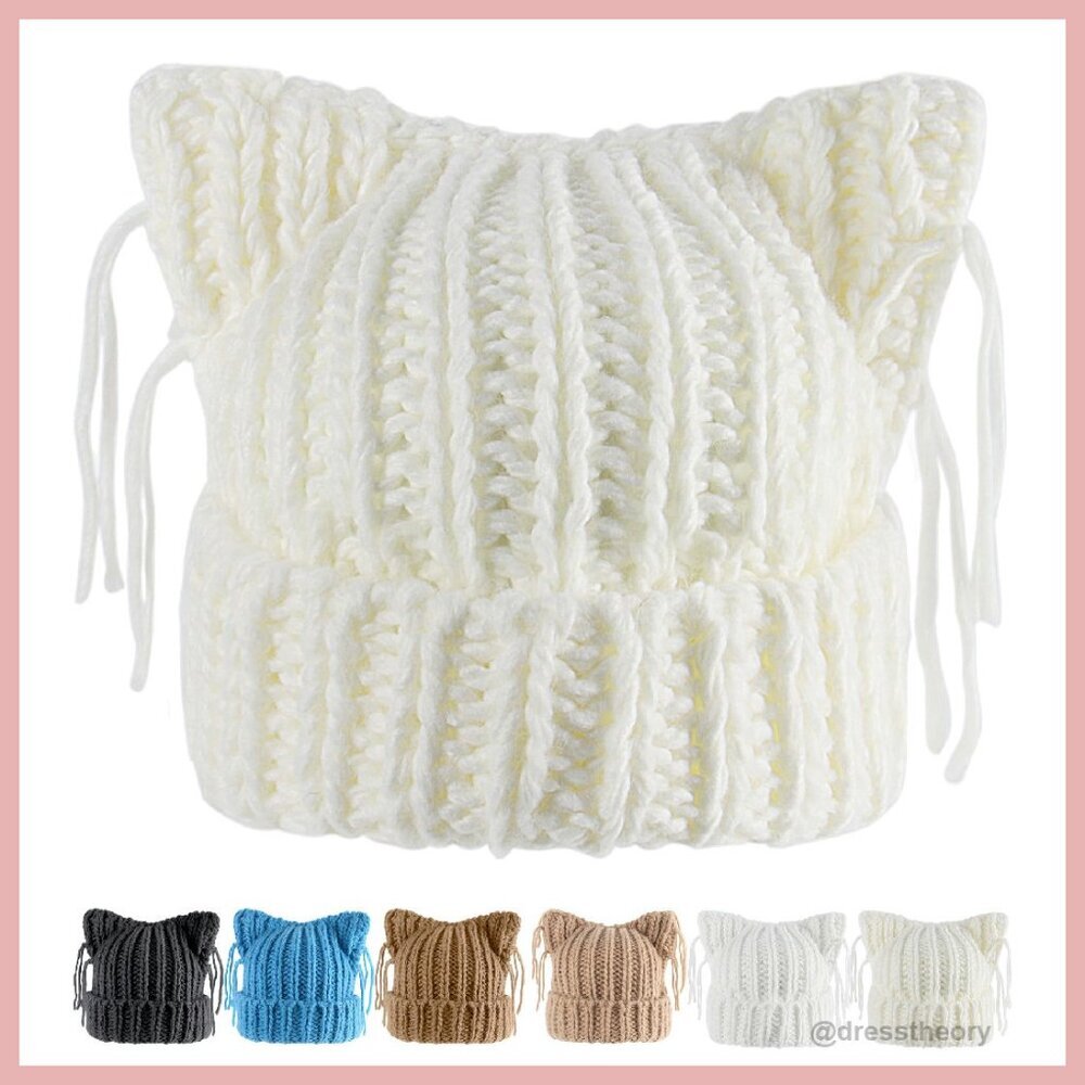 Chunky Knit Cat Ear Beanie With Tassels - Warm Winter Hat For Women